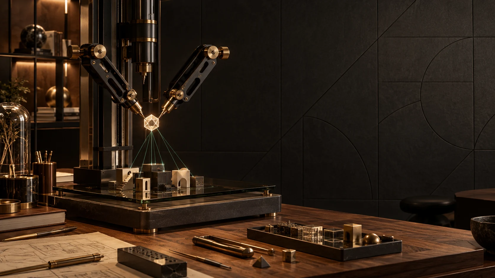Brass and dark stone work surfaces with precisely integrated beams of light in the Forge material lab